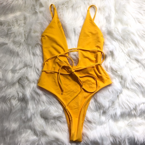 SHEIN Other - NWT Yellow Plunge Tie One Piece Swimsuit
